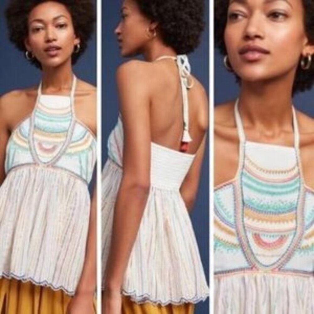 Anthro Floreat Metallic Stripe Embroidered Halter